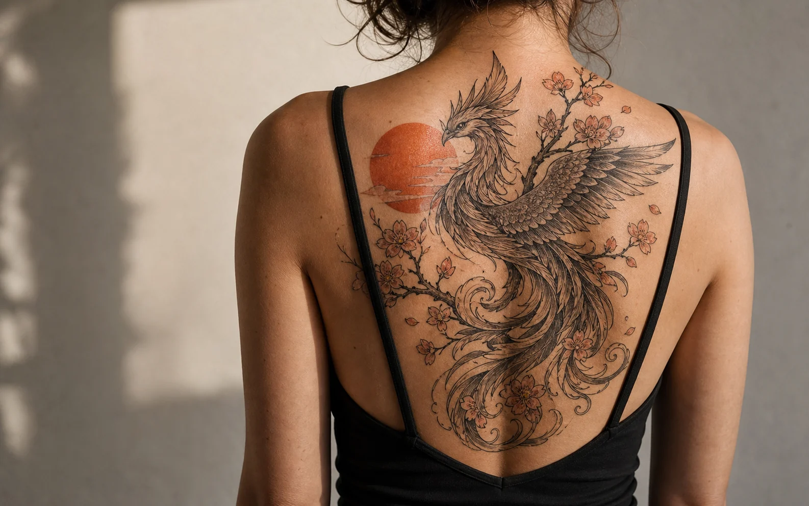 Adult viewed from behind with a detailed phoenix and cherry blossom back tattoo