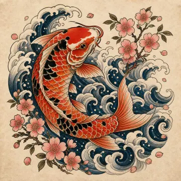 Example InkBolt result: Japanese koi and waves tattoo design