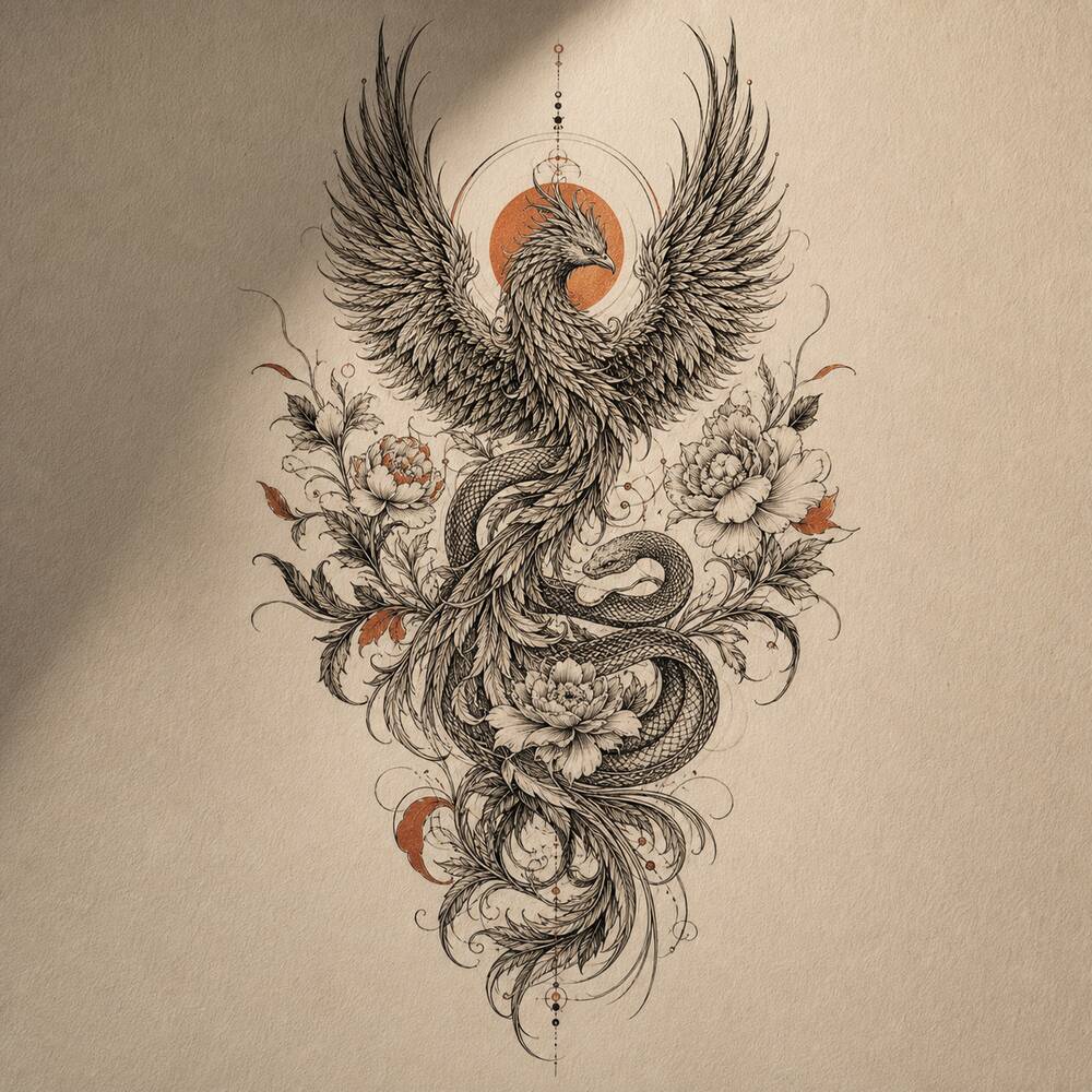 Illustrated phoenix reference for a tattoo concept